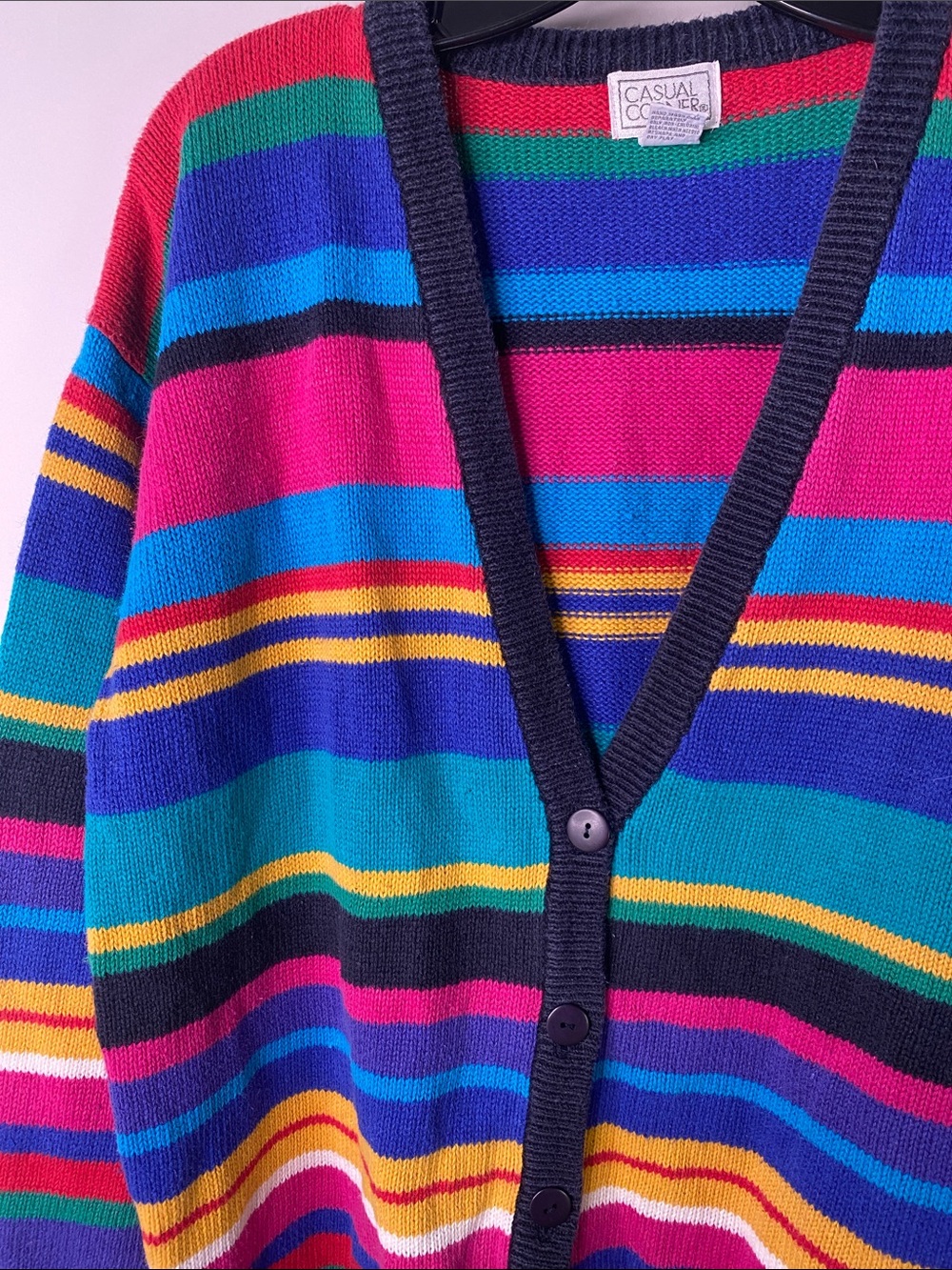 Casual Corner Navy-Trim Multicolor Striped Button Cardigan Women’s Medium - 1455 - Picture 2 of 6